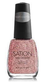 A bottle of Sation Multi-Glitter Nail Polish in a clear base with orange, green, silver hex mixed with smaller round and bar glitter.