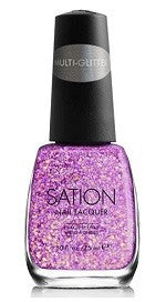 A bottle of Sation Multi-Glitter Nail Polish in a clear base with light purple glitter mixed with chunky gold square and bar glitter, labeled for More is More 3003.