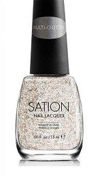 A bottle of Sation Multi-Glitter Nail Polish in a silver color, with a glittery, shimmering finish.