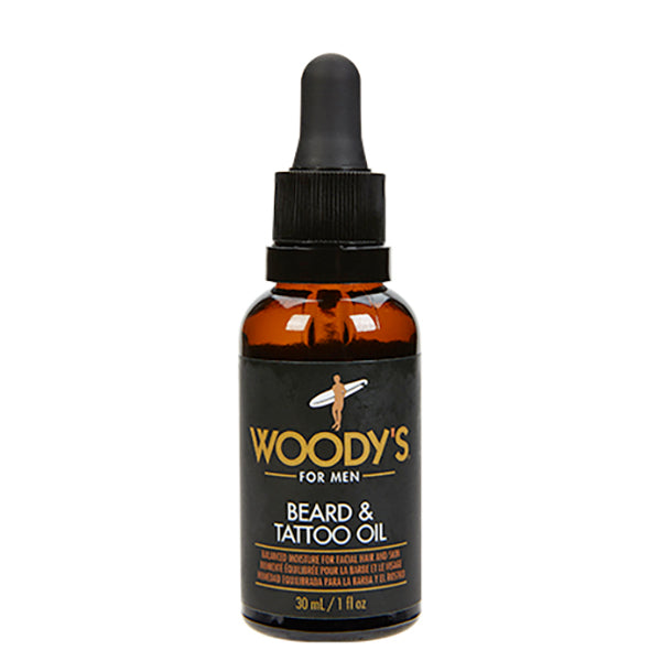 Woody's beard and tattoo oil bottle on a white background
