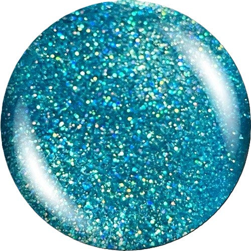 A circular swatch of a glittery blue nail polish with dense fine glitter and reflective highlights on a white background.