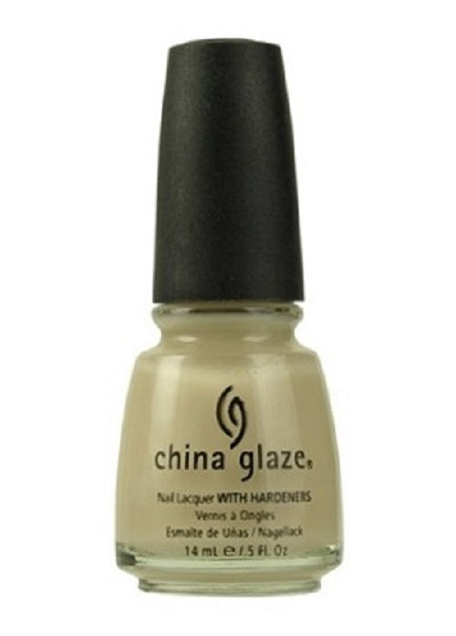 A bottle of China Glaze nail polish in a beige skin-tone color with a shimmer finish.