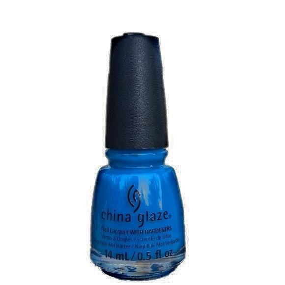 China Glaze blue nail polish bottle with black cap on a white background