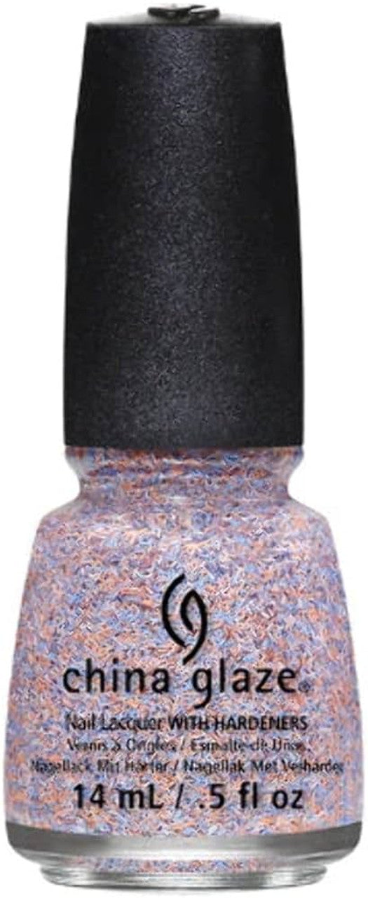 A bottle of China Glaze nail polish in the shade 'All a Flutter' with matte pastel peach, soft blue and white mini bar glitter in a clear base.