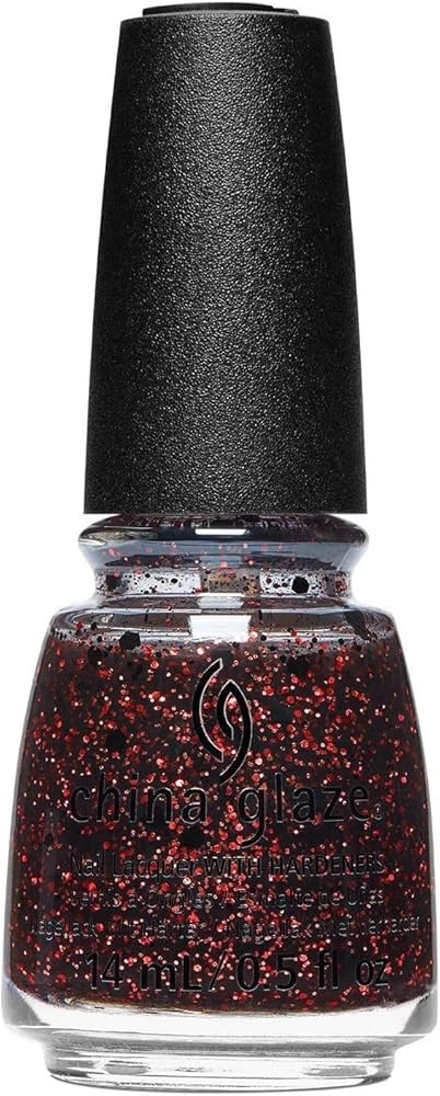 Nail polish bottle with glittery red color and black cap, brand 'China Glaze' visible.