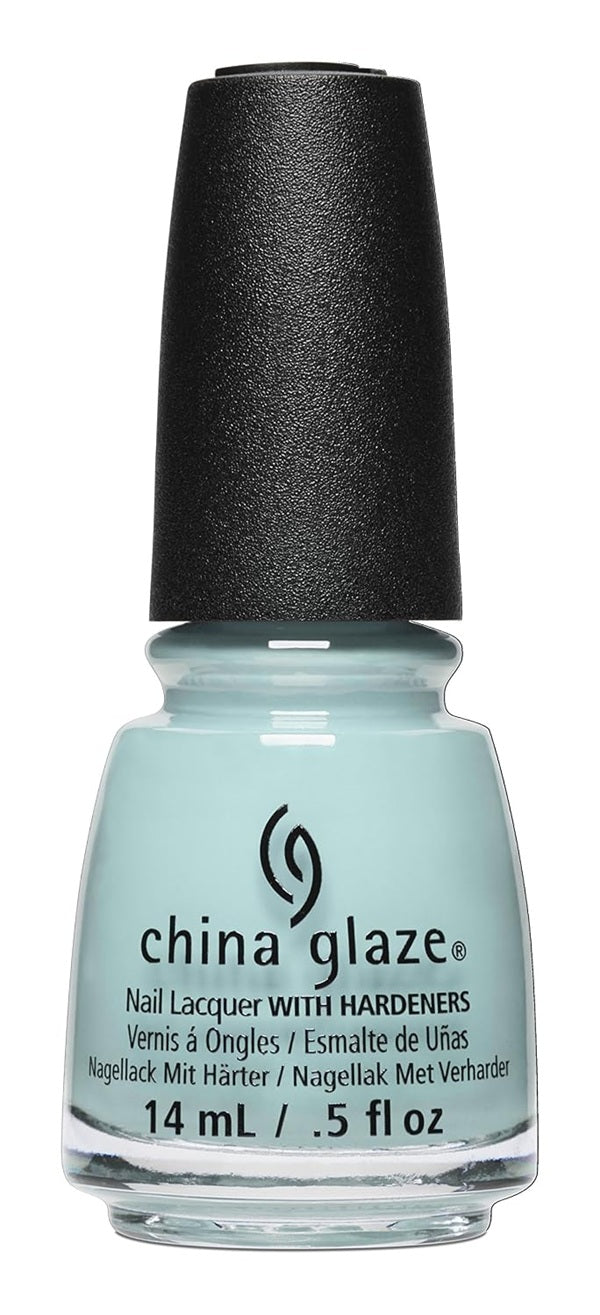 A bottle of China Glaze nail lacquer in a pastel mint blue shade with a black cap, shown against a plain white background.