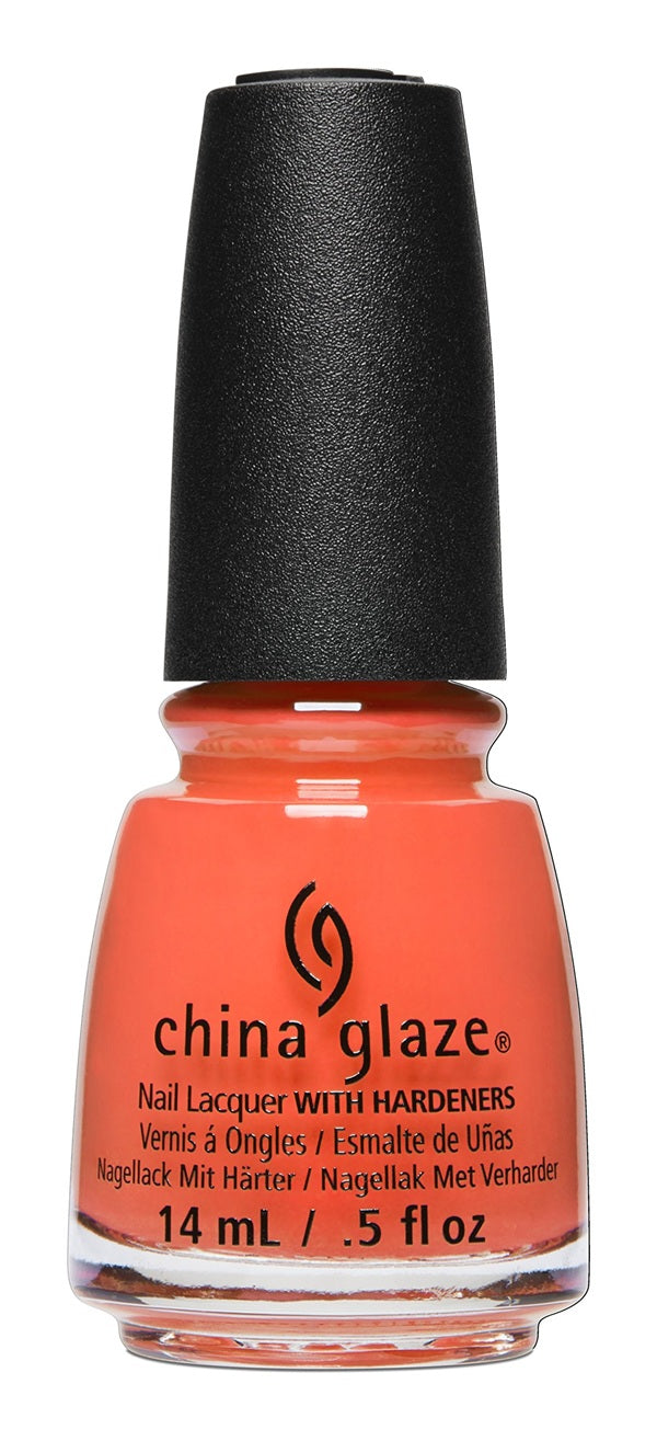 A bottle of China Glaze nail lacquer with hardeners in a vibrant coral orange shade, with a black cap and white background.