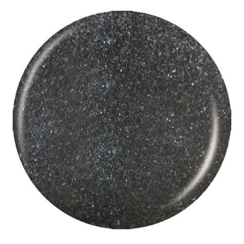 Round dark gray nail polish swatch with shimmer on a white background