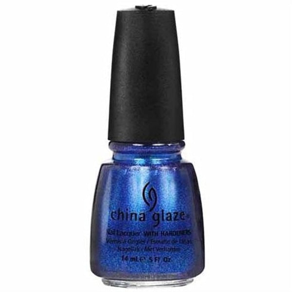 A bottle of China Glaze nail lacquer in a shimmering blue shade, featuring a black cap, shown against a plain white background.