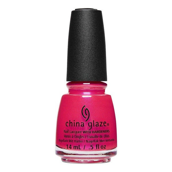 A bottle of China Glaze nail polish in a bright hot pink shade, featuring a black cap, shown against a plain white background.