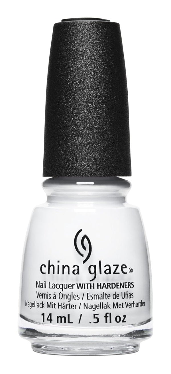 China Glaze white nail polish bottle with black cap on a white background