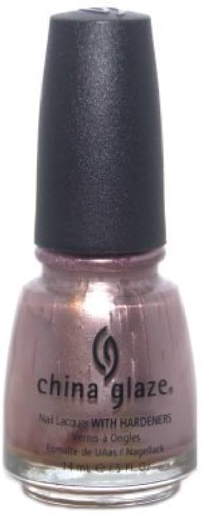 A bottle of China Glaze nail lacquer in a metallic, shimmery mauve pink shade, featuring a black cap and a clear glass bottle.