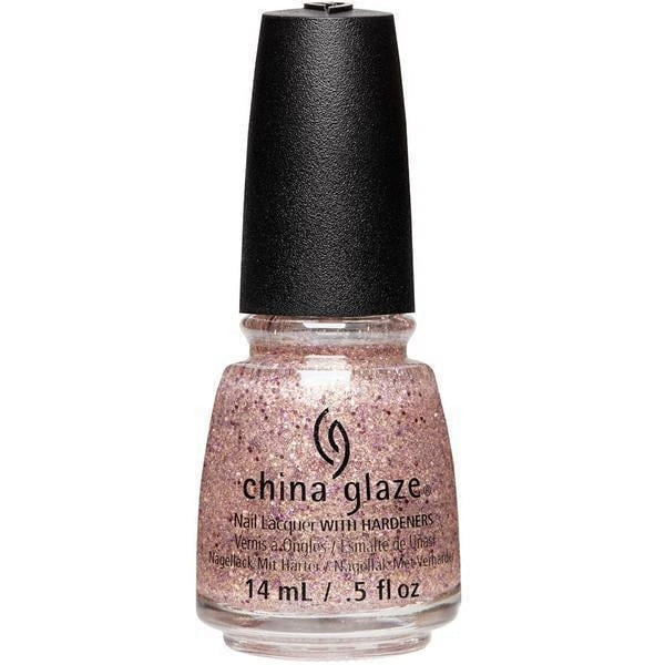 China Glaze nail polish bottle with glittery pink polish on a white background