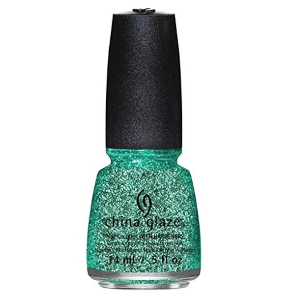 China Glaze nail polish bottle with glittery green color on a white background