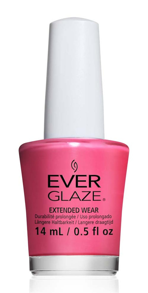 Pink nail polish bottle with white cap labeled 'Ever Glaze' on a white background