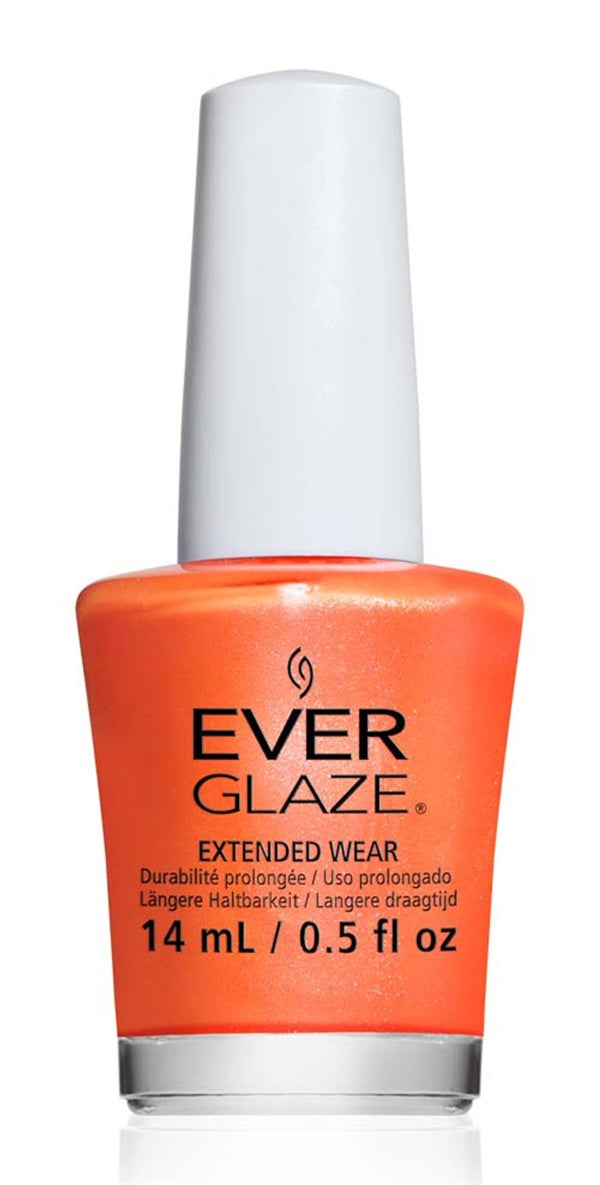 Orange nail polish bottle with white cap labeled 'Ever Glaze' on a white background