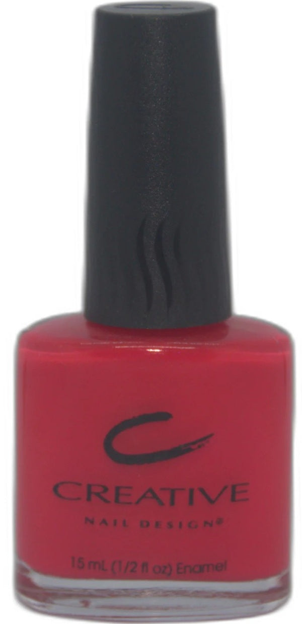 Red nail polish bottle with black cap on a white background, featuring the Creative Nail Design brand.
