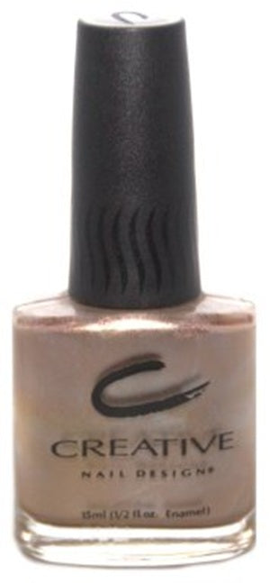 A bottle of Creative Nail Design nail polish in a beige color, with a black cap and a label featuring the brand logo.