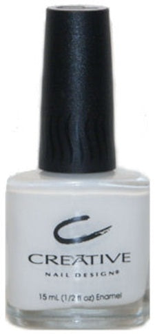 A bottle of Creative Nail Design nail polish in Retro White color, with a black cap and a label showing the brand and the shade name.