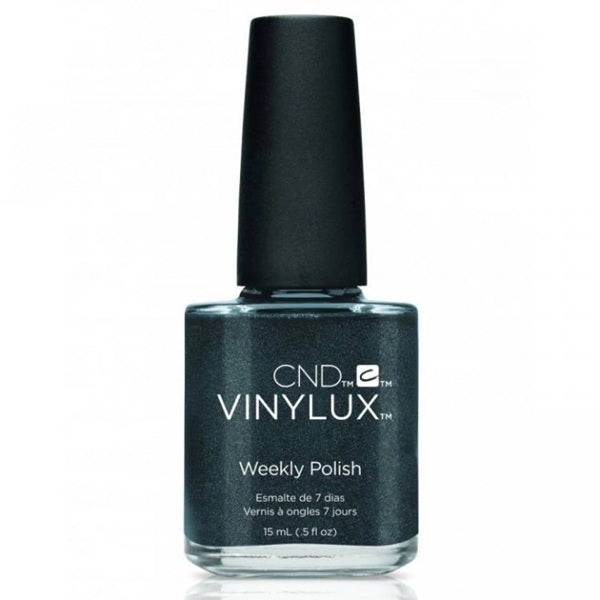 Dark green CND Vinylux nail polish bottle on a white background