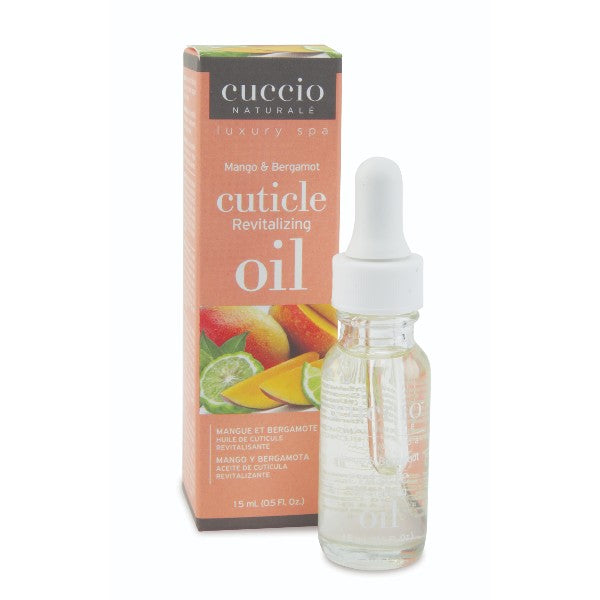 Cuccio Mango & Bergamot cuticle oil bottle and packaging on a white background
