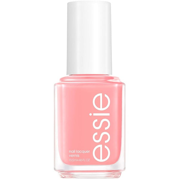 Essie pinky peach nail polish bottle with a white cap on a white background