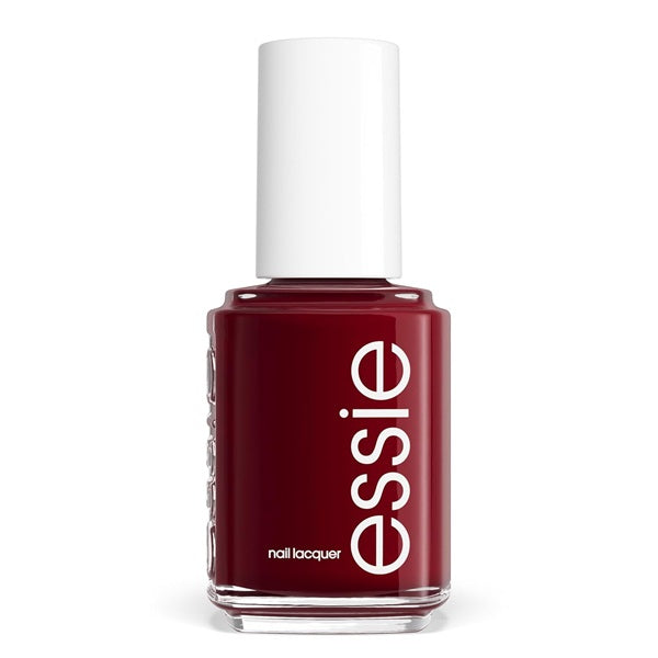 Essie dark red nail polish bottle with white cap on a white background