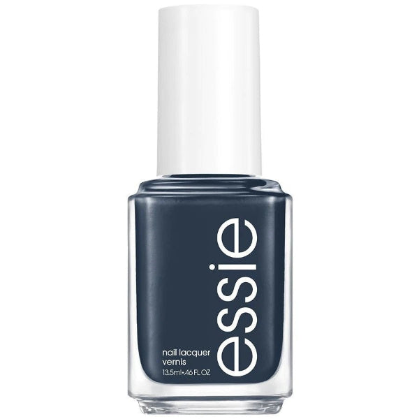 A bottle of Essie nail polish in a dark blue color with a white cap.