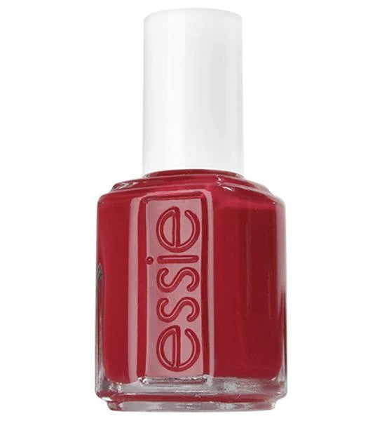 Essie red nail polish bottle with white cap on a white background