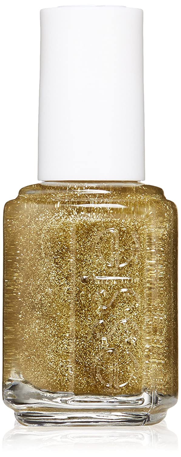 Essie gold glitter nail polish bottle with white cap.