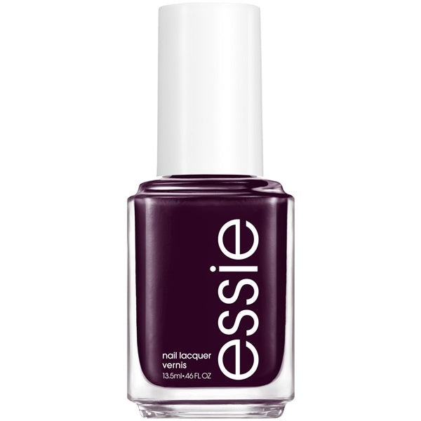 Essie dark brown nail polish bottle with white cap.