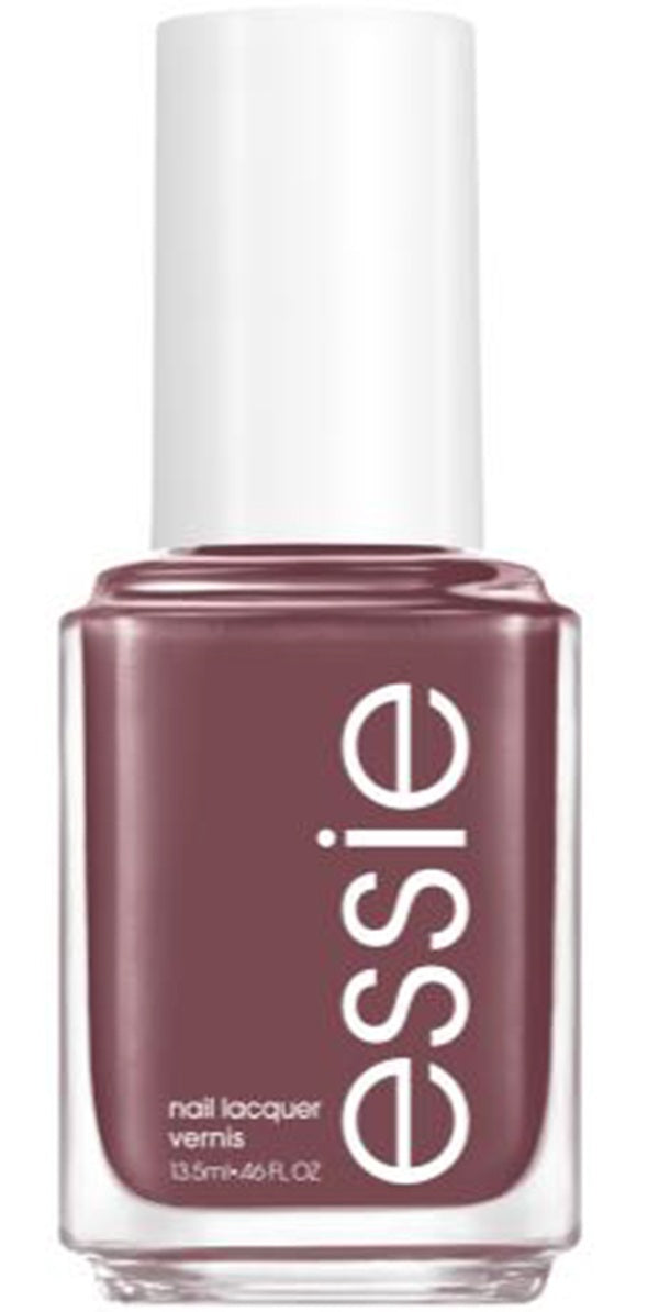 Essie brown nail polish bottle with white cap on a white background