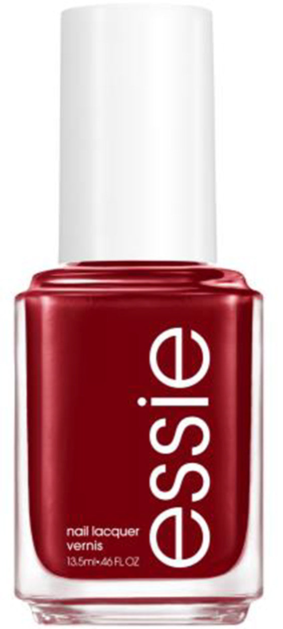 Essie deep red nail polish bottle with white cap on a white background