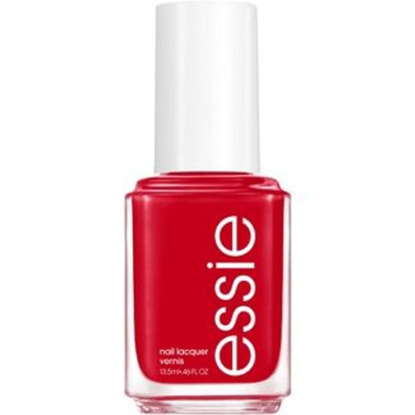 Essie red nail polish bottle with white cap on a white background