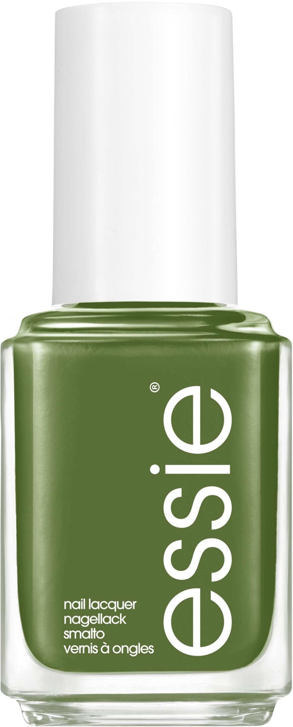 Essie olive green nail polish bottle with white cap.