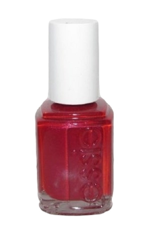 Essie deep red shimmer nail polish bottle with white cap.