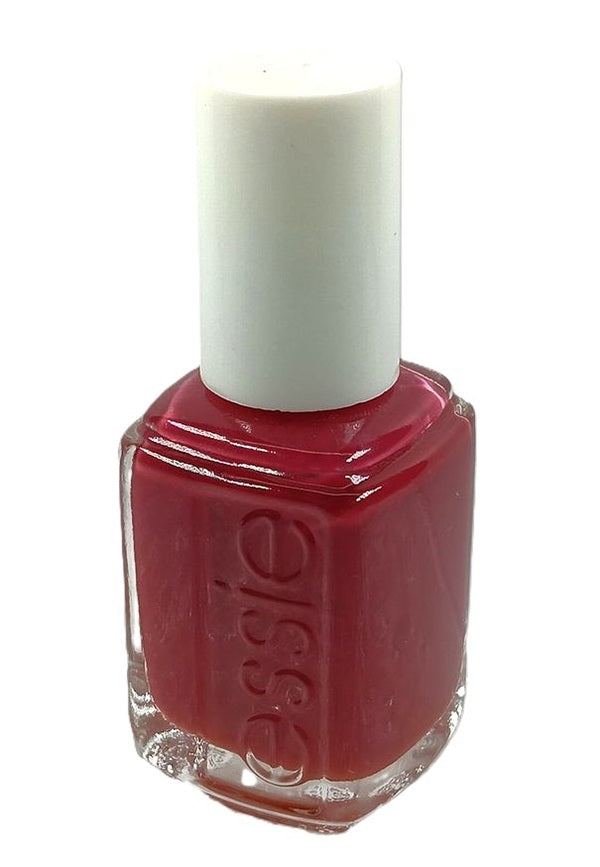 A bottle of Essie nail polish in a medium to deep red creme color, with a white cap.