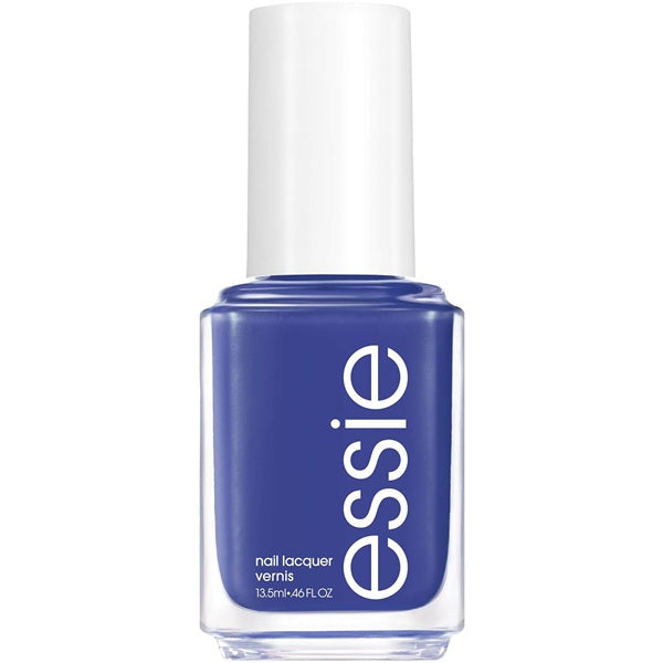 Essie blue nail polish bottle with white cap on a white background