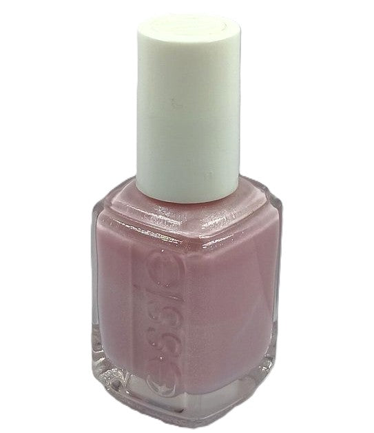 A bottle of Essie nail polish in a light raspberry pink color with purple undertones and subtle silver micro-shimmer.