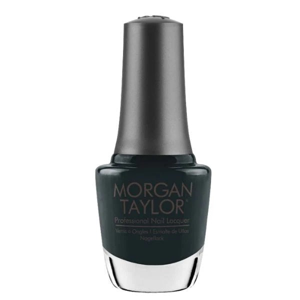 A bottle of Morgan Taylor nail polish in a dark green color with subtle blue undertones.