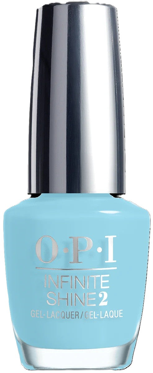 OPI Infinite Shine nail polish bottle in a light blue color with silver cap