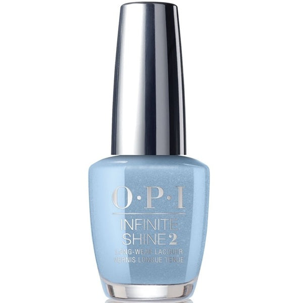 OPI Infinite Shine slate blue shimmer nail polish bottle on a white background