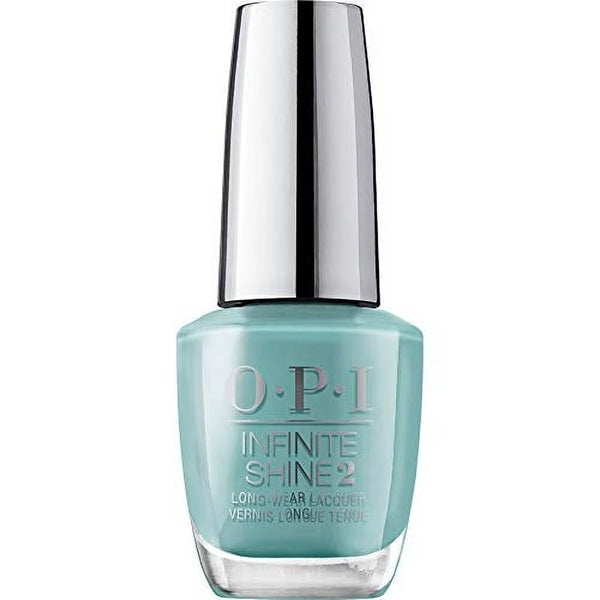 OPI Infinite Shine sea green nail polish bottle with silver cap on a white background