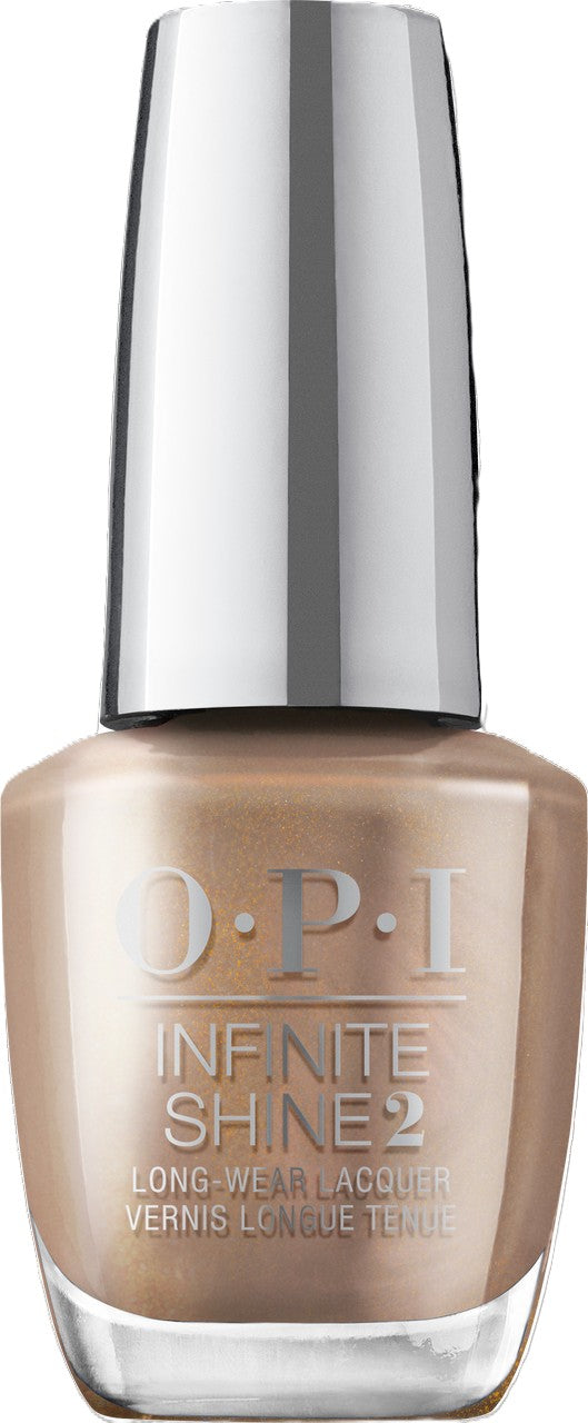 OPI Infinite Shine nail polish bottle in a carmel tan shimmer shade with silver cap.