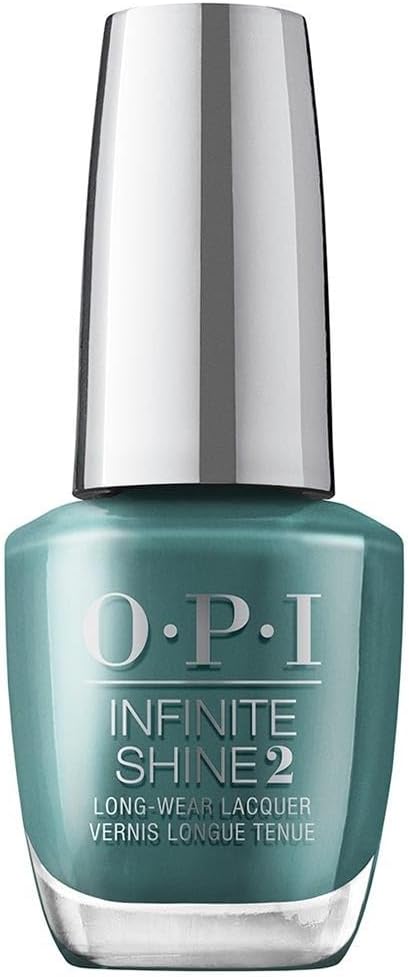 OPI Infinite Shine nail polish bottle in green color with silver cap on a white background