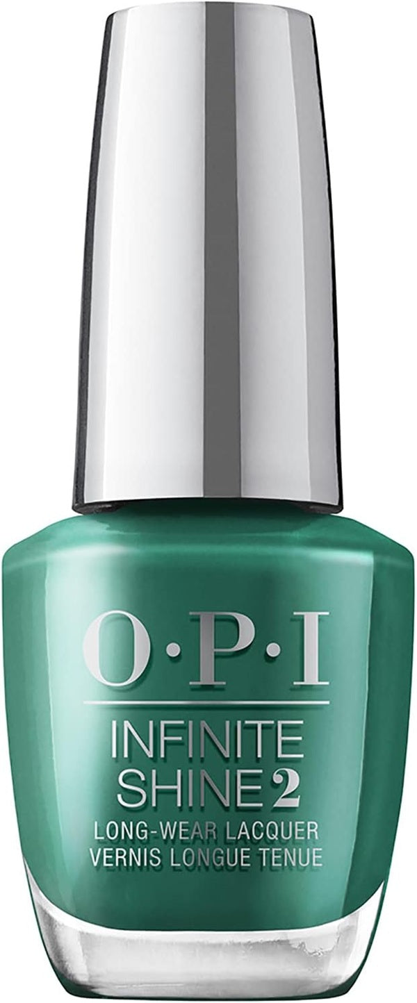 OPI Infinite Shine nail polish bottle in green color with silver cap