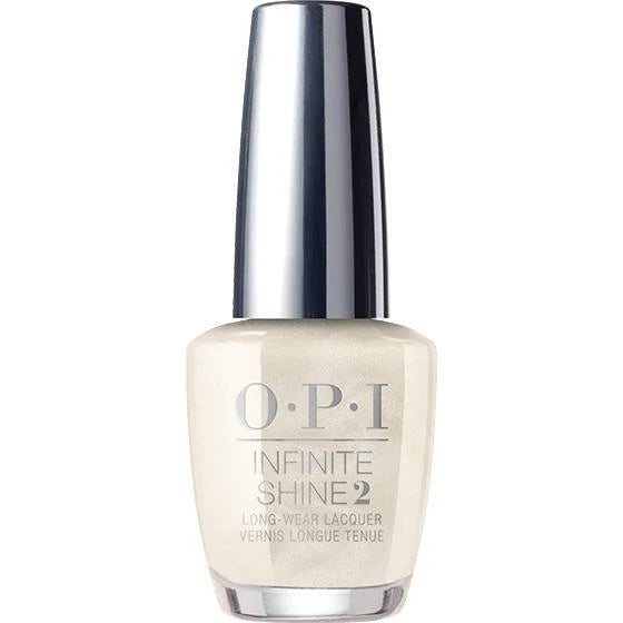 OPI Infinite Shine white shimmer nail polish bottle with silver cap.