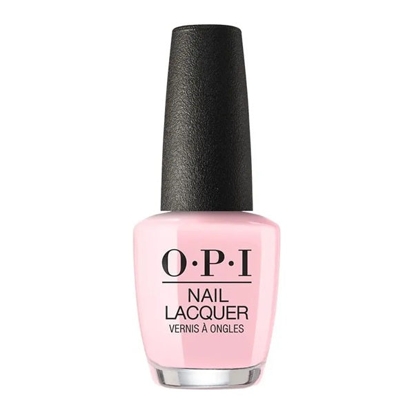 OPI light pink nail polish bottle with black cap on a white background