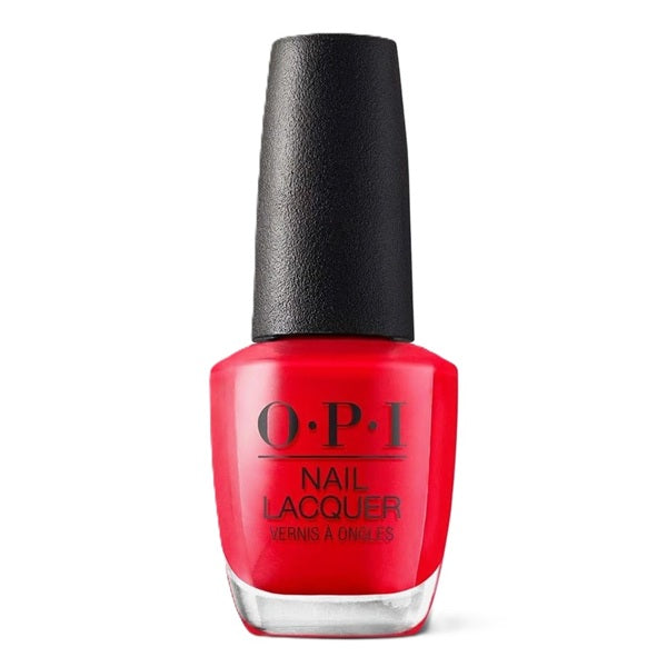 opi coral red nail polish bottle with black cap on a white background
