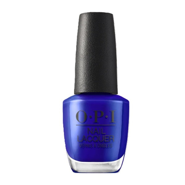 OPI blue nail polish bottle with black cap on a white background